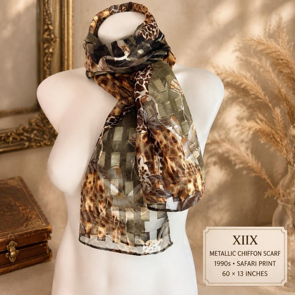 Vintage XIIX 1990s Safari Giraffe Leopard Metallic Polyester Chiffon Scarf 13x60